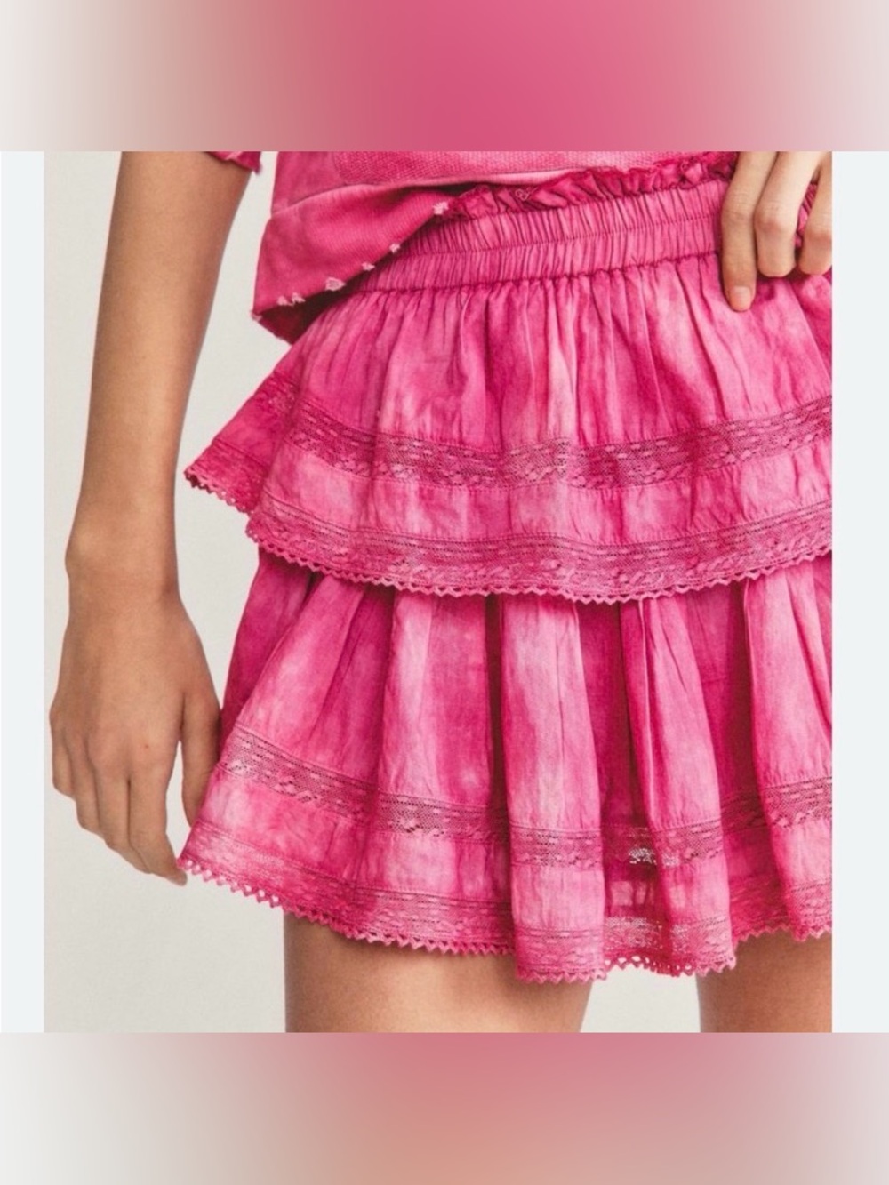 LoveShackFancy Pink Tiered Lace-Trim Mini Skirt Sz Small
